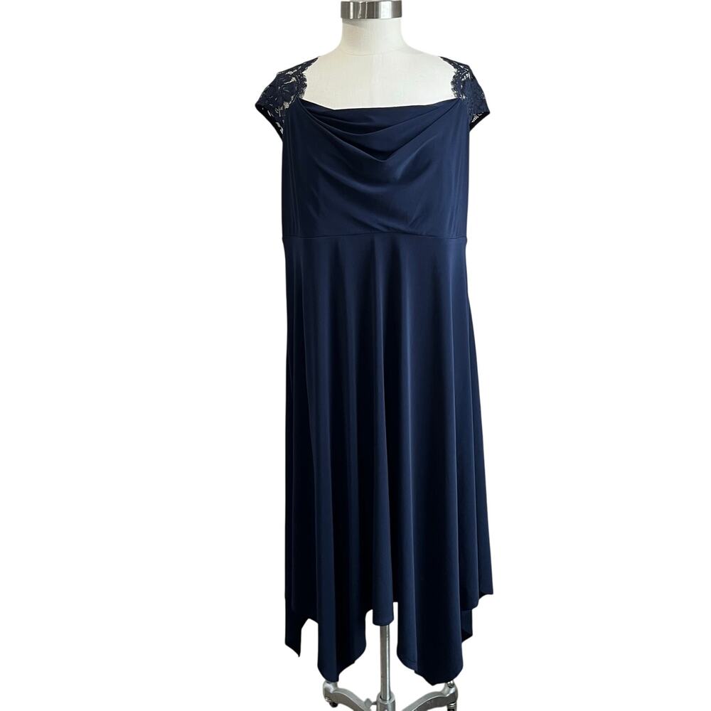 Catherine’s Navy Lace  Draped Bodice Handkerchief Hem Formal Dress 1X